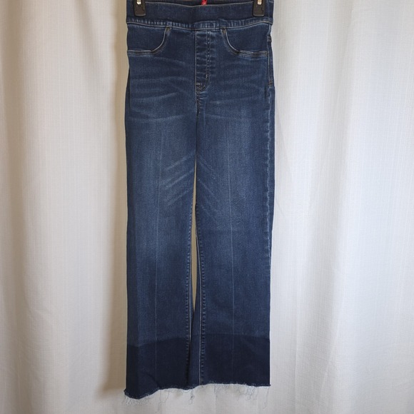 SPANX Denim - Spanx Flare Jeans Dark Wash High Rise Pull On Raw Hem Stretch Denim Women XS